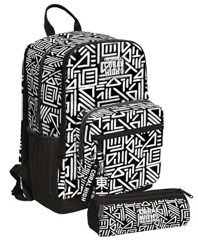 Coral High Erkek Çocuk Dört Gözlü Okul Sırt Çantası ve  Kalemlik Seti - Siyah Beyaz Geometrik Şekiller - İlkokul ve Ortaokul İçin Uygun