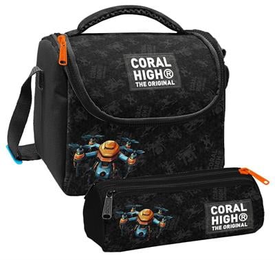 Coral High Erkek Çocuk Drone Pilotu Siyah Thermo Beslenme Çantası ve Üç Bölmeli Kalem Çantası Seti