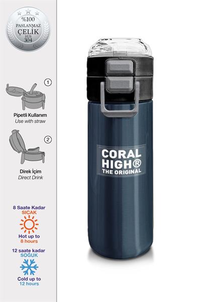 Coral High Çelik Matara Termos/Suluk 31998 - 500ml, Erkek Çocuk - Lacivert Turuncu Çizgili