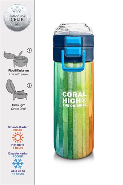Coral High Erkek Çocuk İçin 500 mllik Paslanmaz Çelik Termos/Suluk - Lacivert Renkli Çizgili Desenli 31890