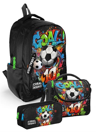Coral High Erkek Çocuk İlk ve Ortaokul Üçlü Okul Çantası Seti - Siyah Yeşil Goal Baskılı