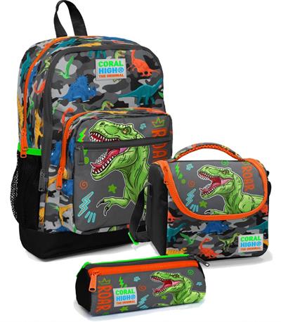 Coral High Erkek Çocuk İlkokul Çantası Seti Gri Yeşil Dinazor