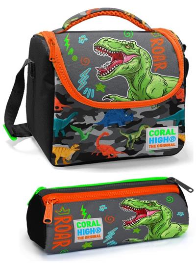 Coral High Erkek Çocuk İlkokul Çantası Seti Gri Yeşil Dinazor