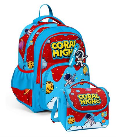 Coral High Erkek Çocuk İlkokul Çantası ve Beslenme Seti - Kırmızı Mavi Astronot Baskılı SETYGN33245B