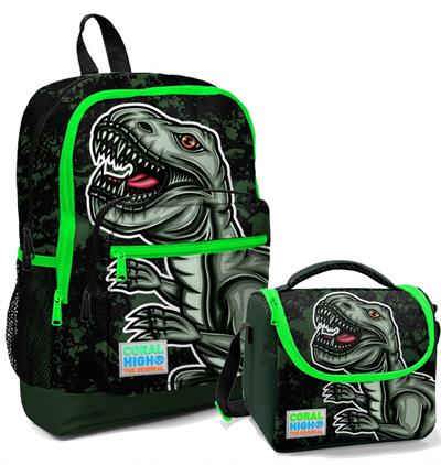 Coral High Erkek Çocuk İlkokul Okul Sırt Çantası ve Beslenme Seti - Siyah Yeşil Dinazor