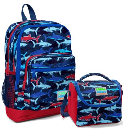 Coral High Erkek Çocuk İlkokul Okul Sırt Çantası ve Beslenme Çanta Seti - Lacivert Köpekbalığı