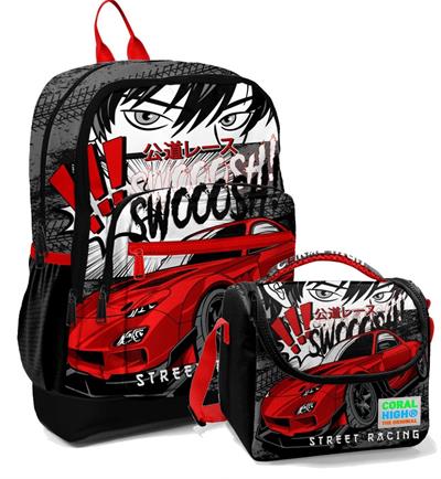 Coral High Erkek Çocuk İlkokul Okul Sırt Çantası ve Beslenme Çanta Seti - Siyah Kırmızı Araba