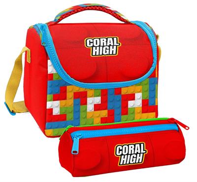 Coral High Erkek Çocuk Kırmızı Yapı Blokları Thermo Beslenme Çantası ve Üç Bölmeli Kalemlik Seti