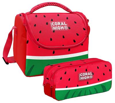 Coral High Erkek Çocuk Kırmızı Yeşil Karpuz Thermo Beslenme Çantası ve İki Bölmeli Kalemlik Seti