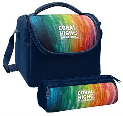 Coral High Erkek Çocuk Lacivert Çok Renkli Çizgi Desenli Thermo Beslenme Çantası ve Üç Bölmeli Kalem Çantası Seti