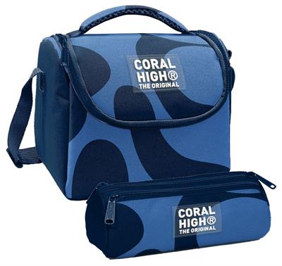 Coral High Erkek Çocuk Lacivert Mavi Renkli Çizgili Thermo Beslenme Çantası ve Üç Bölmeli Kalem Çantası Seti