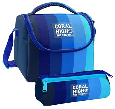 Coral High Erkek Çocuk Lacivert Mavi Renk Geçişli Çizgili Thermo Beslenme Çantası ve Üç Bölmeli Kalem Çantası Seti
