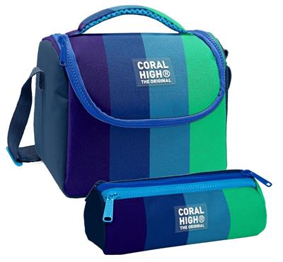 Coral High Erkek Çocuk Lacivert Yeşil Renkli Çizgili Thermo Beslenme Çantası ve Üç Bölmeli Kalemlik Seti