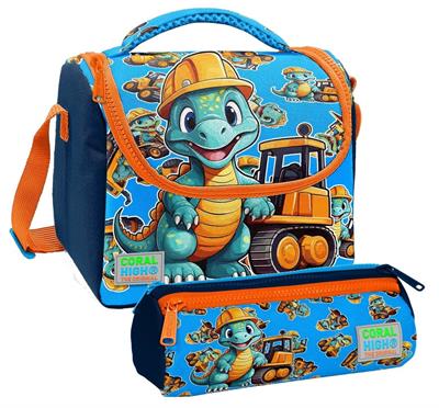 Coral High Erkek Çocuk Mavi İş Makineleri ve Dinazor Thermo Beslenme Çantası ve Üç Bölmeli Kalem Çantası Seti