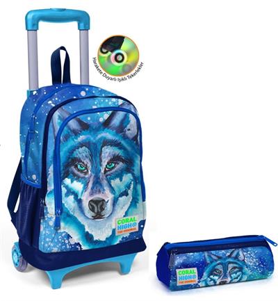 Coral High Erkek Çocuk Mavi Kurt Tekerlekli Okul Çantası ve Kalemlik Seti