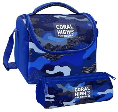 Coral High Erkek Çocuk Mavi Lacivert Kamuflaj Thermo Beslenme Çantası ve Üç Bölmeli Kalem Çantası Seti