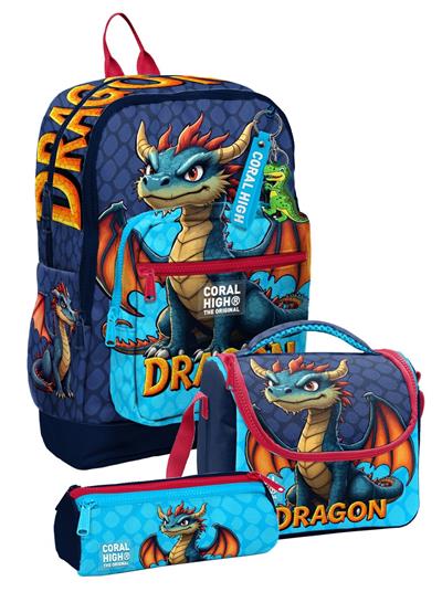 Coral High Erkek Çocuk Mavi Sarı Dragon Desenli Üçlü İlkokul Okul Çanta Seti SETYGN33213A