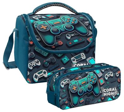 Coral High Erkek Çocuk Nefti Yeşil Oyun Konsolu Thermo Beslenme Çantası ve İki Bölmeli Kalemlik Seti