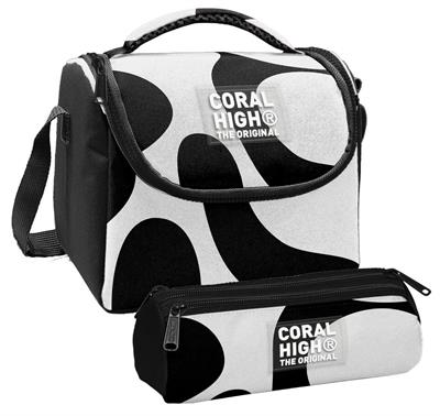 Coral High Erkek Çocuk Renkli Çizgili Siyah Beyaz Thermo Beslenme Çantası ve Üç Bölmeli Kalem Çantası Seti