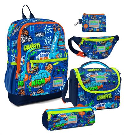 Coral High Erkek Çocuk Saks Grafiti Desenli Beşli İlkokul Okul Çanta Seti