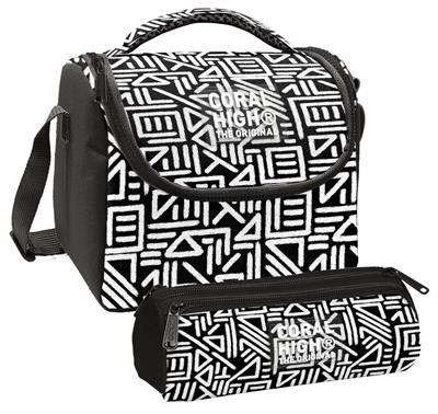 Coral High Erkek Çocuk Siyah Beyaz Geometrik Şekiller Thermo Beslenme Çantası ve Üç Bölmeli Kalem Çantası Seti