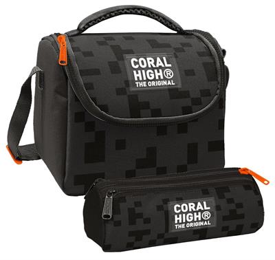 Coral High Erkek Çocuk Siyah Blok Desenli Thermo Beslenme Çantası ve Üç Bölmeli Kalem Çantası Seti