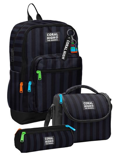 Coral High Erkek Çocuk Siyah Gri Çizgi Desenli Üçlü İlkokul Okul Çanta Seti SETYGN33218A