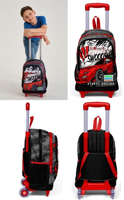 Coral High Erkek Çocuk Siyah Kırmızı Yarış Tekerlekli Okul Çantası ve Kalemlik Seti