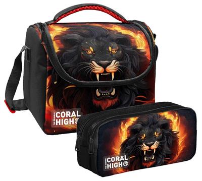 Coral High Erkek Çocuk Siyah Kükreyen Aslan Thermo Beslenme Çantası ve İki  Bölmeli Kalemlik Seti