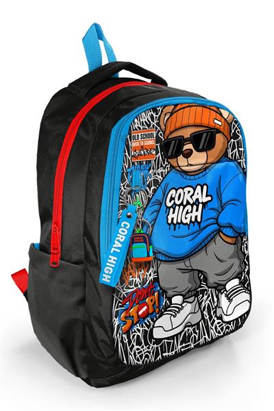 Coral High Erkek Çocuk Siyah Mavi Grafiti Ayıcık Baskılı 3 Bölmeli İlkokul ve Ortaokul Çantası - 33250