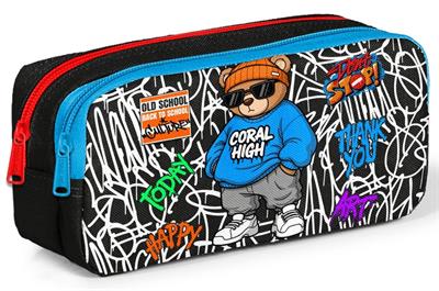 Coral High Erkek Çocuk Siyah Mavi Grafiti Ayıcık Baskılı İki Bölmeli Kalem Çantası/Kalemlik 31050