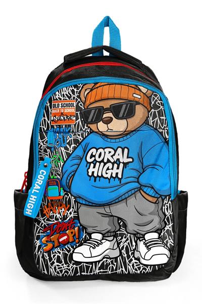 Coral High Erkek Çocuk Siyah Mavi Grafiti Ayıcık Baskılı 3 Bölmeli İlkokul ve Ortaokul Çantası - 33250