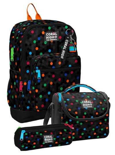 Coral High Erkek Çocuk Siyah Petek Desenli Üçlü İlkokul Okul Çanta Seti SETYGN33210A