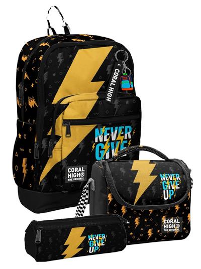 Coral High Erkek Çocuk Siyah Sarı Never Give Up Baskılı Üçlü İlkokul Okul Çanta Seti SETYGN33220A