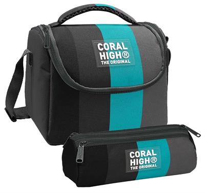 Coral High Erkek Çocuk Siyah Turkuaz Çizgili Thermo Beslenme Çantası ve Üç Bölmeli Kalem Çantası Seti