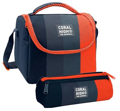 Coral High Erkek Çocuk Siyah Turuncu Renkli Çizgili Thermo Beslenme Çantası ve Üç Bölmeli Kalemlik Seti
