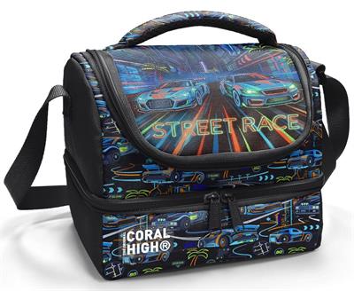 Coral High Erkek Çocuk Siyah Yarış Arabası Baskılı İki Katlı Okul Beslenme Çantası 37210