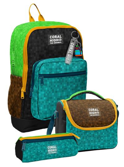 Coral High Erkek Çocuk Siyah Yeşil Kahverengi Craft Desenli Üçlü İlkokul Okul Çanta Seti SETYGN33216A
