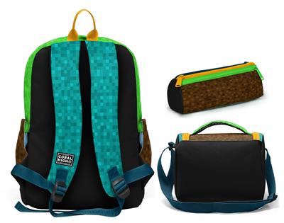 Coral High Erkek Çocuk Siyah Yeşil Kahverengi Craft Desenli Üçlü İlkokul Okul Çanta Seti SETYGN33216A