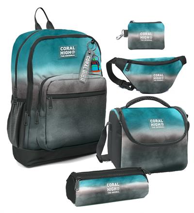 Coral High Erkek Çocuk Turkuaz Gri Batik Desenli Beşli İlkokul Okul Çanta Seti