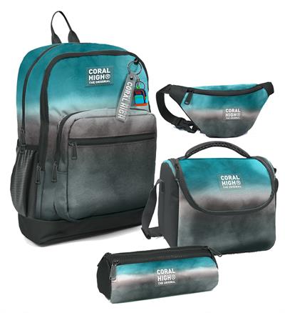 Coral High Erkek Çocuk Turkuaz Gri Batik Desenli İlkokul Okul Çanta Seti ve Bel Çantası