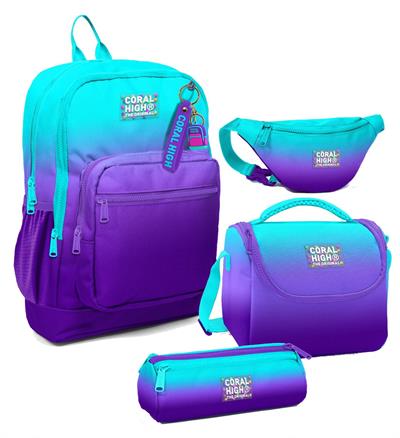 Coral High Erkek Çocuk Turkuaz Mor Renk Geçişli Desenli İlkokul Okul Çanta Seti ve Bel Çantası