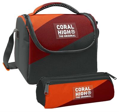 Coral High Erkek Çocuk Turuncu Bordo Gri Renkli Thermo Beslenme Çantası ve Üç Bölmeli Kalem Çantası Seti