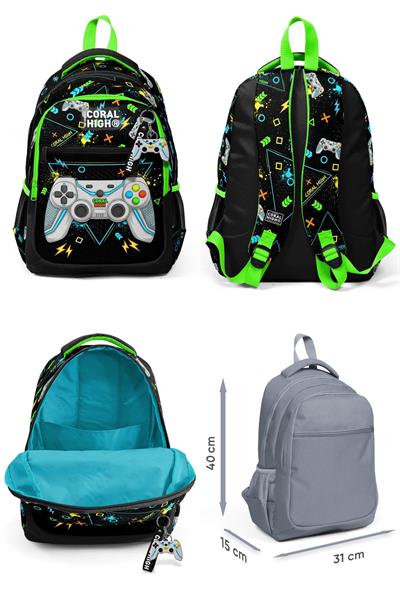 Coral High Erkek Çocuk Üç Gözlü İlkokul Çanta Seti - Siyah Fosforlu Yeşil Gamer Desenli