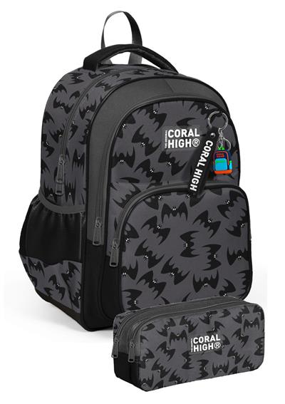 Coral High Erkek Çocuk Üç Gözlü İlkokul Çantası ve Kalemlik Seti - Siyah Yarasa Desenli