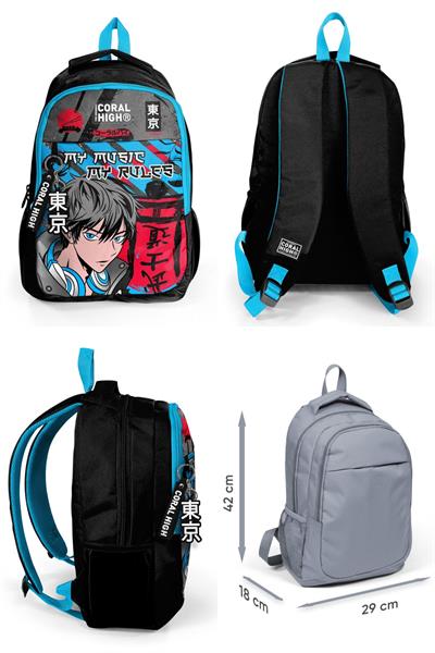 Coral High Erkek Çocuk Üç Gözlü İlkokul ve Ortaokul Sırt Çantası+Beslenme - Siyah Mavi Anime