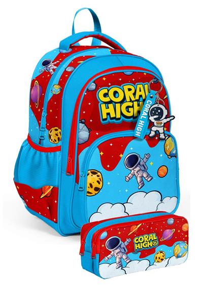 Coral High Erkek Çocuk Üç Gözlü İlkokul Çantası ve Kalemlik Seti - Kırmızı Mavi Astronot Baskılı