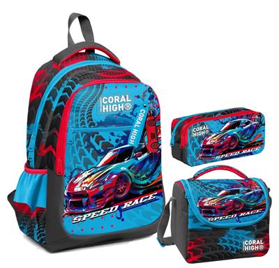 Coral High Erkek Çocuk Üç Gözlü İlkokul Çanta Seti - Gri Mavi Yarış Arabası Desenli