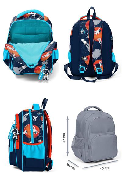 Coral High Erkek Çocuk Üç Gözlü İlkokul Çanta Seti - Lacivert Mavi Astronot Desenli