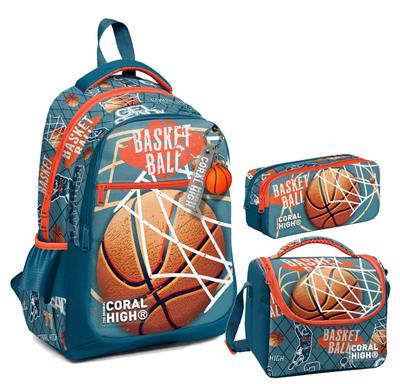 Coral High Erkek Çocuk Üç Gözlü İlkokul Çanta Seti - Nefti Turuncu Basketbol Desenli